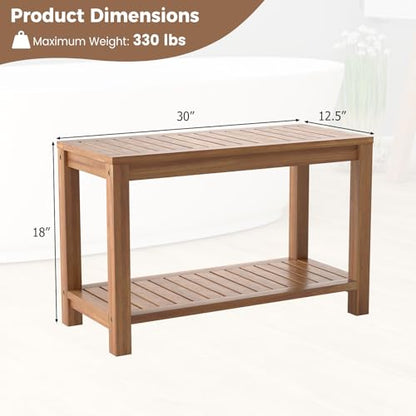 Giantex Teak Shower Bench with Shelf, 30 Inch Shower Stool with Slatted Seat for Elderly Seniors, Waterproof Bathroom Spa Bathing Seat Foot Rest Entryway Bench for Indoor and Outdoor Use - size: 30" x 12.5" x 18"
