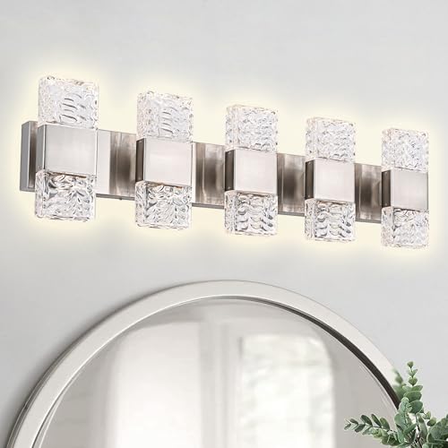 MELUCEE 30.3 in LED Bathroom Lighting Fixtures Brushed Nickel Dimmable 40W | LED Vanity Light Modern Bathroom Light Bar Crystal Wall Sconce for Bath Restroom Powder Room, 3000K Warm Lighting - color: Brushed Nickel, size: 5 Lights