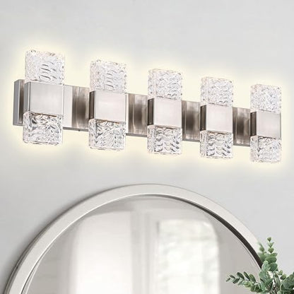 MELUCEE 30.3 in LED Bathroom Lighting Fixtures Brushed Nickel Dimmable 40W | LED Vanity Light Modern Bathroom Light Bar Crystal Wall Sconce for Bath Restroom Powder Room, 3000K Warm Lighting - color: Brushed Nickel, size: 5 Lights