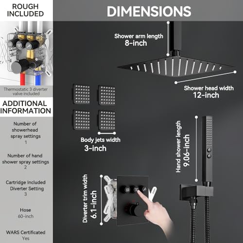 Thermostatic Shower System with Body Jets, STARBATH 12" Rain Shower with 2 in 1 Handheld, Can Use All at Once, Ceiling Mount Complete Shower Faucet Set with Thermostatic Valve Trim Kit, Matte Black - color: Matte Black, size: 12"-02