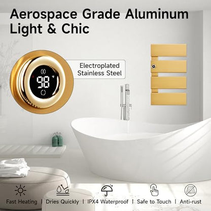P&Dlusir X Series Heated Towel Rack, 4 Panel, Gold | Thermo Control and Timer (1-24h, On), Fast Heating and Drying, smart plug Compatible, Memory Function - color: Gold, size: 4 Panel