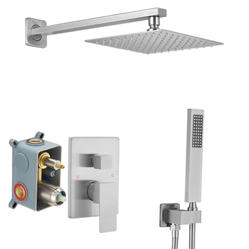 Brushed Nickel Shower System Bathroom Luxury Rain Mixer Shower Combo Set Wall Mounted Rainfall Shower Head System Shower Faucet Rough-in Valve Body and Trim Kit - color: Brushed Nickel, style: Handheld/Shower Faucet