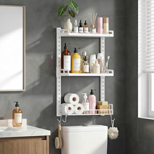 Kalrin 3 Tier Bathroom Shelves Over Toilet - Wall Mounted Floating Shelves with Drain Basket, Toilet Paper Storage, Height Adjustable Over The Toilet Storage, Pure White - color: Pure White