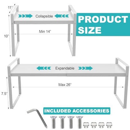 Expandable Cabinet Shelf, Lengths Adjustable Shelf Organizer Riser, Metal Space-Saving Cupboard Organizers for Kitchen Cabinet Pantry Cupboard Under Sink Countertop, White - color: White