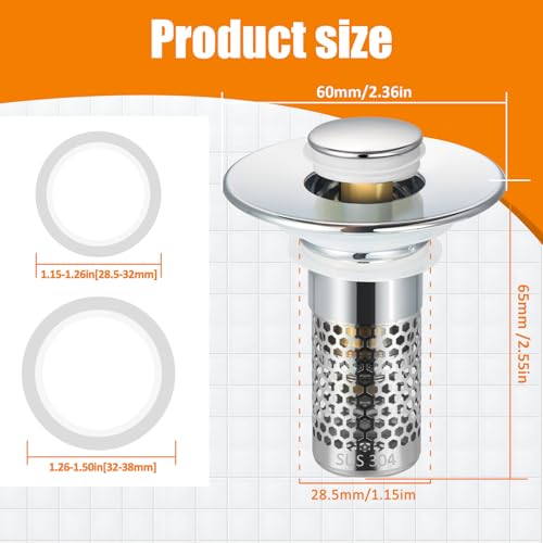 2PC Bathroom Sink Stoppers Plug Pop-up Drain Filter for 1.45 Inch Brass Basin Sink Stopper (Chrome)