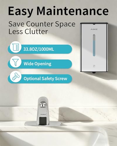 AIKE Automatic Foaming Soap Dispenser 33.8oz for Bathroom,Polished AK1207FA | Rich Foam and Steel Finish,5-Level Adjustable and Key for Commercial(Battery Not Included),Screw Wall Mount for Space-Saving - color: Polished Stainless Steel