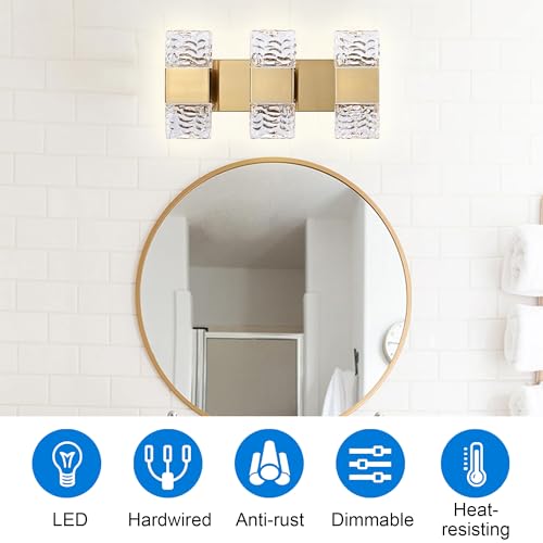 MELUCEE 3-Light Modern LED Vanity Light Bar with Crystal Column Brass 24W | LED Bathroom Vanity Light Bathroom Lights Over Mirror Crystal Wall Sconce Restroom Lighting Fixtures, 3000K Warm Lighting - color: Brass, size: 3 Lights