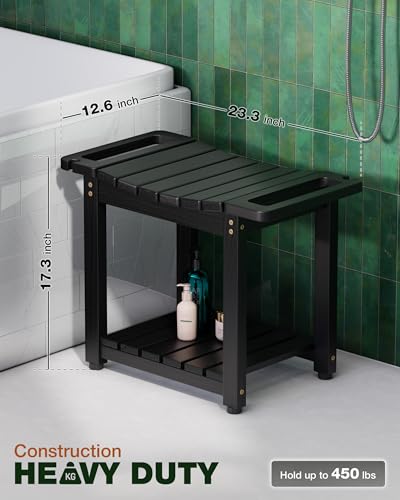 Bluewest 23.4I NCH Shower Bench Seat with Storage Shelf and Handle, Black | Waterproof Bathroom Spa Bench for Sitting Inside the Shower and Shaving Legs, with a Built-In Handle and Shower Head Holder. - size: 2 Tier - Black