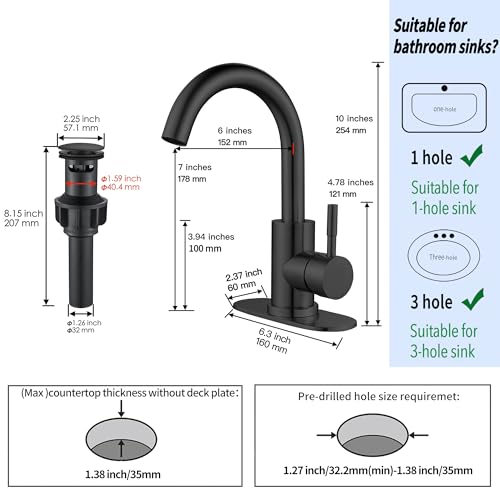Matte Black Bathroom Sink Faucet Single Hole, Modern Single Handle Bathroom Faucet Commercial Stainless Steel Bar Faucet Laundry Sink Faucet with Drain - color: Matte Black, size: With drain