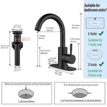 Matte Black Bathroom Sink Faucet Single Hole, Modern Single Handle Bathroom Faucet Commercial Stainless Steel Bar Faucet Laundry Sink Faucet with Drain - color: Matte Black, size: With drain