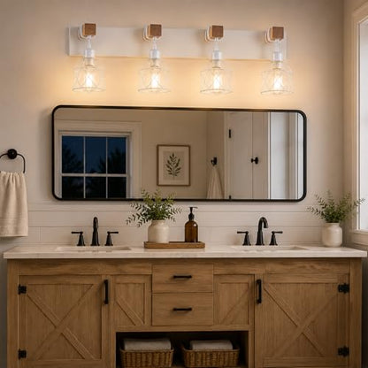Farmhouse Vanity Light Fixture,4-Light Bathroom Lighting,White Modern Wood Wall Light Over Mirror with Metal Shade,LED Bulbs Not Included - color: White, size: 4-Light-Wide 28"