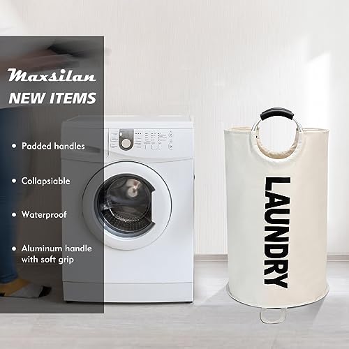 Maxsilan 90L Large Laundry Basket Bag, Collapsible Tall Hamper, Beige | Freestanding tall laundry bag & foldable washing basket. Large capacity clothes storage bin with durable sturdy handles - color: Beige, size: 90L