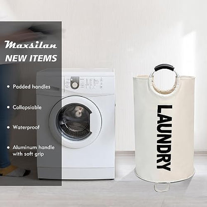 Maxsilan 90L Large Laundry Basket Bag, Collapsible Tall Hamper, Beige | Freestanding tall laundry bag & foldable washing basket. Large capacity clothes storage bin with durable sturdy handles - color: Beige, size: 90L