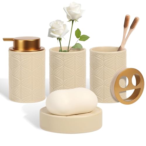 Kukikan Ceramic Bathroom Accessories Set, 4 Pcs-Includes Lotion Soap Dispenser, Toothbrush Holder, Vanity Tray, and Tumbler, Modern Bathroom Decor Organizer with Soap Dish, Apothecary Jar, Beige Color - color: Ceramic Beige