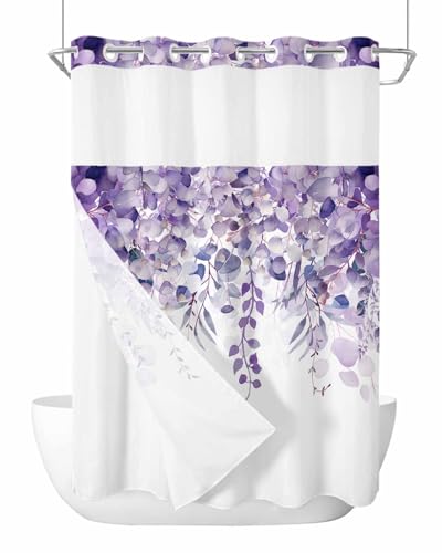 No Hook Shower Curtain and Snap in Liner Set, Purple Eucalyptus Fabric Bathroom Stall Shower Curtains 48x72, See Through Mesh Top Window, Spring Summer Botanical Floral Leaves Country Hotel Style - color: Purple, size: 48"W x 72"L (Pack of 1)
