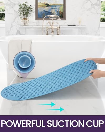 DEXI Bathtub Mat Non Slip 16x35, Shower Floor Mats for Bathroom Bath Tub | Blue Washable Oval Bathmat, Suction Cups and Drain Holes to Keep Tubs Clean - color: All Blue