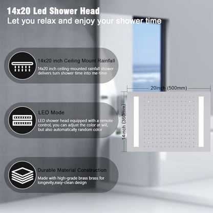 Thermostatic Shower System with 14x20 Inch Ceiling Mount LED Head & 6 Inch Wall Head and Handheld Shower 4 Function Vale with body jets Can All Run Together,Brushed Nickel - color: Brushed Nickel, style: 14x20 led+6 jets