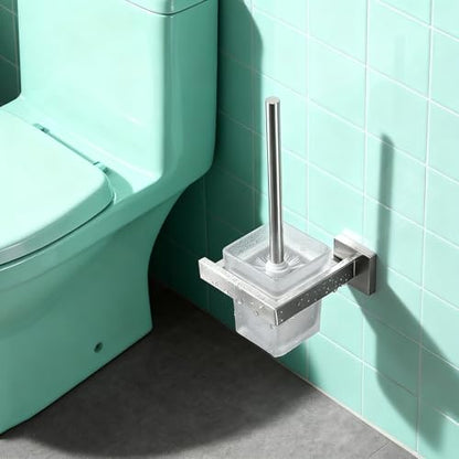 Toilet Brush and Holder Set, NEWRAIN 304 Stainless Steel Wall Mounted Toilet Brush with Long Brush Handle, Brushed Nickel Toilet Scrubber, Glass Canister - color: Brushed Nickel