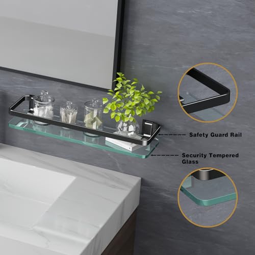 Bathroom Wall Shelf 15.7in Bathroom Glass Shelves Wall Mount Glass Shelf Rustproof Bathroom Wall Organizer 3 Tier (Black) - style: 3 tier without towel bar black