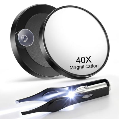 LED Lighted Tweezers & 40X Magnifying Mirror with Suction Cup Set, 2 in 1 No-Hands Makeup Mirror with Light and Precision Light Up Tweezers(Black) - color: Black