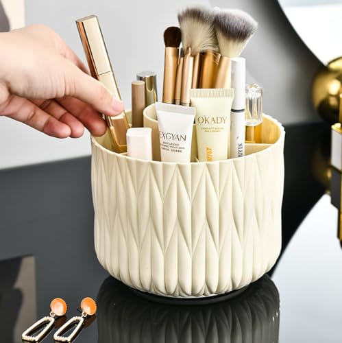 360° Rotating Makeup Brush Holder, 5-Slot Vanity Organizer Beige | Stores Lipsticks, Pens & Pencils; Cute Caddy For Office, Art & Desk - color: Beige