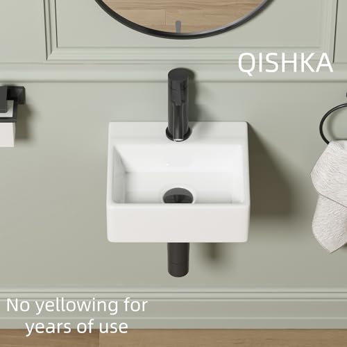 Wall Hung Bathroom Vessel Sink, QISHKA 13" X 11.5" Rectangular Floating Ceramic Wash Hand Basin White Wall Mount Vanity Sink for Small Bathroom and Small Cloakroom - size: 13.2" x 11.5" x 4.5"