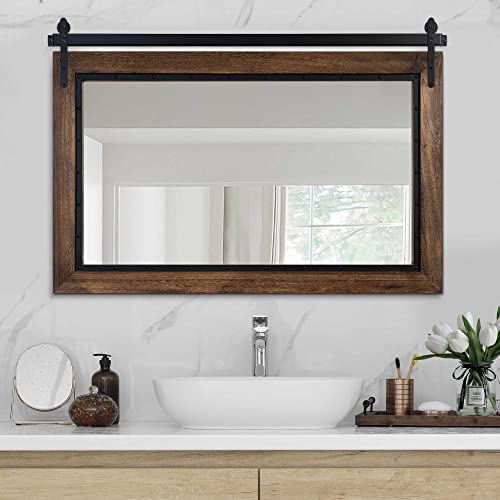 Farmhouse Barn Door Mirror, 40"x26" Rustic Bathroom Mirrors, Wood Frame Wall Mounted-Mirror, for Living Room Bedroom Entryway Wall Décor, Horizontal Hanging ONLY - color: Brown, size: 40"L x 26"W