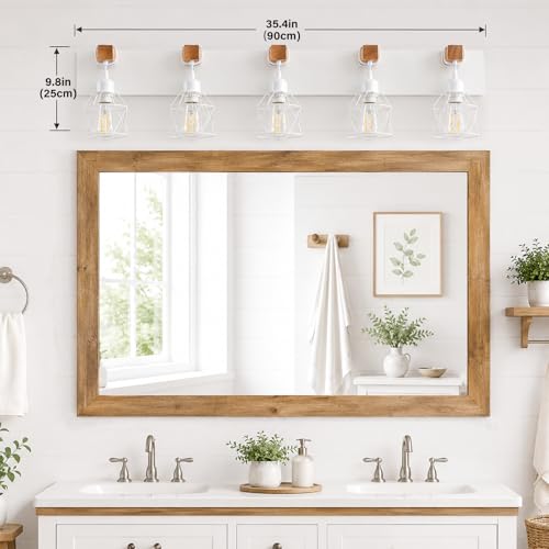 Farmhouse Vanity Light Fixture,5-Light Bathroom Lighting,White Modern Wood Wall Light Over Mirror with Metal Shade,LED Bulbs Not Included - color: White, size: 5-Light-Wide 35"