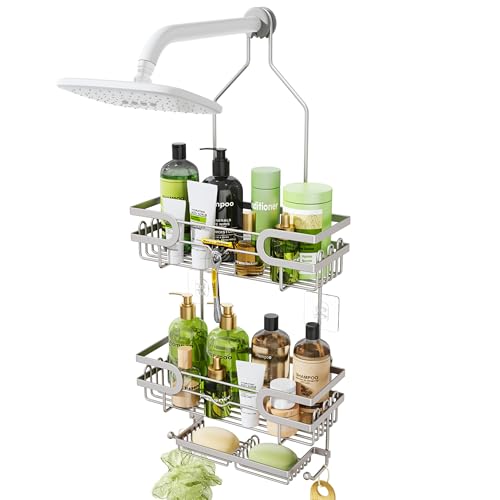 HapiRm Bathroom Hanging Shower Caddy - Rustproof Shower Shelf with 12 Hooks and 2 Soap Holders, No Drilling Bathroom Organizers and Storage - Brushed Nickel - color: Brushed Nickel(Large)