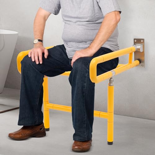 19.69" Wide Folding Shower Seat Wall Mounted Foldable Shower Chair with Legs and Arms Bath Safety Stainless Steel Folding Shower Bench for Inside Shower, Seniors, Pregnant and Disabled, Max Load 441lb - color: Yellow