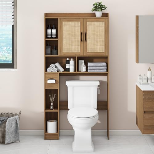Vabches Over The Toilet Storage Cabinet with 2 Barn Doors, Oak | Farmhouse Storage Cabinet with Toilet Paper Holder Stand，Home Space-Saving Toilet Rack, for Bathroom, Restroom, Laundry - color: Rattan Oak, style: 2 Barn Doors