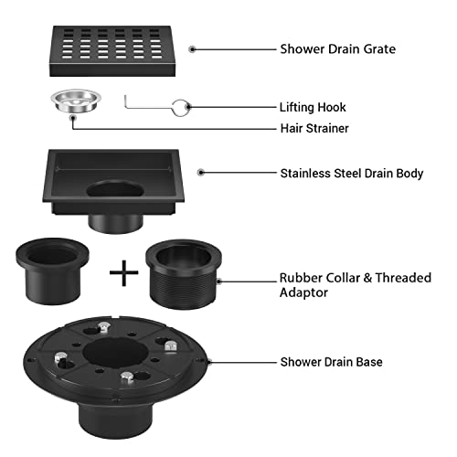 EXF Square Shower Drain 4-3/8 Inch Matte Black with ABS Flange | Stainless Steel, Anti-Clog, Removable Grid Grate and Hair Catcher, for Modern Bathroom Remodel Curbless Shower - color: Matte Black, size: 4IN