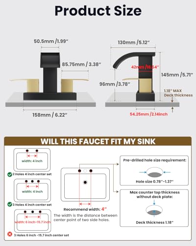 gotonovo Waterfall 4’’ Centerset Bathroom Sink Faucet Black&Brushed Gold | 2 Handle Bathroom Faucet,SUS304,2 or 3 Hole,2.17’’ Wide Spout,24’’ cUPC Water Line,Pop Up Drain,Vanity,RV,Lavatory Modern Tap - color: Black&Gold