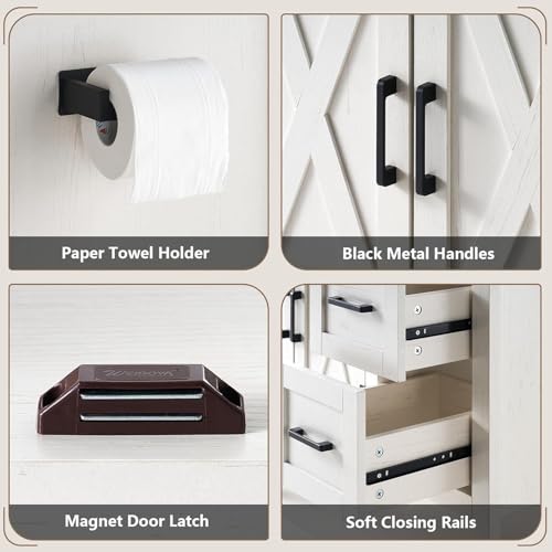 AMERLIFE 60" White Farmhouse Double Sink Bathroom Vanity, Solid White Top | Antique White, Solid White Integrated Top, Moisture-Resistant MDF, 4 X-Panel Doors, 2 Drawers, Open Shelf, Paper Towel Holder - color: Antique White, size: 60”
