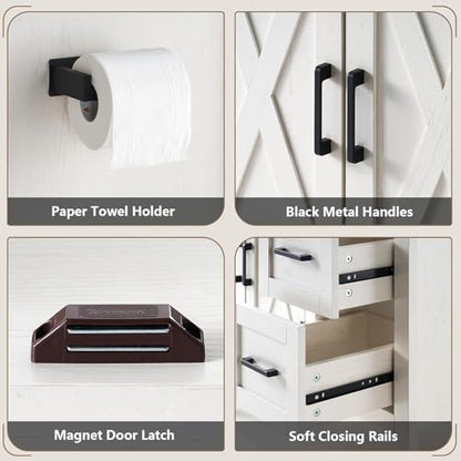 AMERLIFE 60" White Farmhouse Double Sink Bathroom Vanity, Solid White Top | Antique White, Solid White Integrated Top, Moisture-Resistant MDF, 4 X-Panel Doors, 2 Drawers, Open Shelf, Paper Towel Holder - color: Antique White, size: 60”