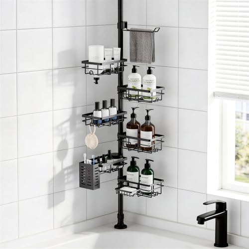 Shower Caddy Organizer Tension Pole, Rustproof 6-Pack Corner Shelf with 30-120 Inch Adjustable Shower Rack for Inside Shower, Extra Towel Bar & Soap Dish for Bathroom Organizers and Storage, Black - color: Black