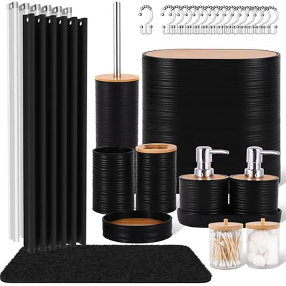 25 PCS Black Bathroom Accessories Set丨Shower Curtain Bathroom Accessory | All-in-One Kit with Shower Curtain,rug,Trash Can,Toothbrush Holder,Toilet BrushSoap Dispenser,Toothbrush Cup,etc for Home - color: Black