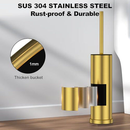 Brass Gold Toilet Brush and Holder Set，Stainless Steel Heavy Duty Toilet Bowl Brush，Extra Long Handled Modern Toilet Cleaner Brush with Replaceable Head, Removable Inner Bowl, and Splash Protection - color: Brass Gold, size: 1 Pack