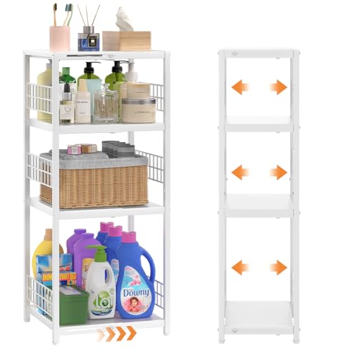 4 Tier Expandable Slim Storage Shelf, Metal Shelving Unit for Bathroom Storage Organizer, Freestanding Narrow Shelf for Small Spaces, Open Floor Shelves for Bathroom, Laundry Room, Kitchen,White - color: White, size: 4-tier