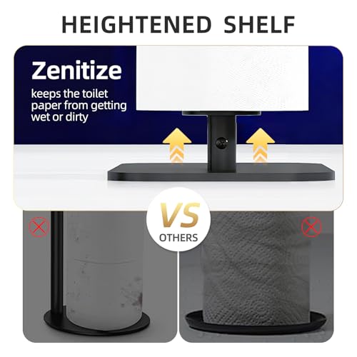 Toilet Paper Holder Free Standing for 4 Rolls with Anti-Slip Base | Rustproof Metal Toilet Paper Stand with Top Storage Shelf for Phones, Wipe and More, Bathroom Organizers and Storage, Black