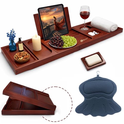 Bathtub Tray and Bath Pillows for Tub – Expandable Bamboo Bathtub Caddy with Phone & Wine Holder, Soft Bath Pillows for Tub & Head/Neck Support