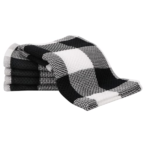 5-Pack Buffalo Plaid Hand Towels - 100% Cotton Waffle Weave, 13x29 Inch - Soft, Absorbent & Quick Dry Dish Cloths for Kitchen and Bathroom Decor, Farmhouse Style (Black & White)