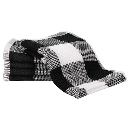 5-Pack Buffalo Plaid Hand Towels - 100% Cotton Waffle Weave, 13x29 Inch - Soft, Absorbent & Quick Dry Dish Cloths for Kitchen and Bathroom Decor, Farmhouse Style (Black & White)
