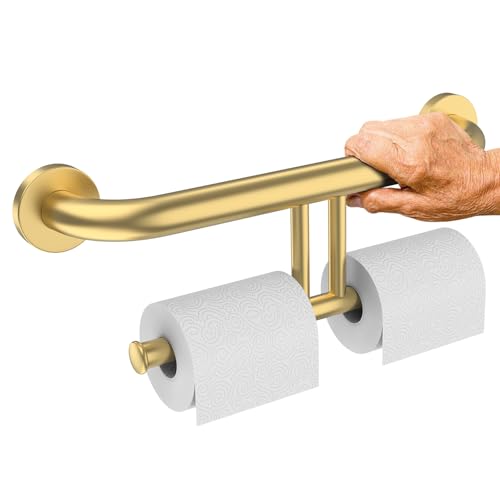 Gold Grab Bar with Double Toilet Paper Roll Holder, Safety Toilet Bars | Stainless Steel Bathroom Grab Rail 17 Inch, Handicap Support Bar, Wall Mounted Assist Handle for Senior Elderly Injured - color: toilet paper grab bar - gold, size: 17 inch