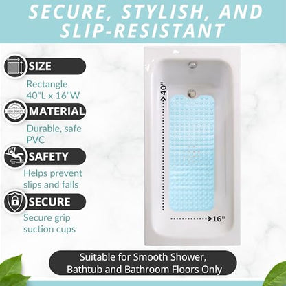 ENKOSI Non-Slip Bath & Shower Mat 40x16 Extra Long, Suction & Drain Holes | Light Blue color; Durable PVC; 40x16 in, Light Blue - color: Light Blue