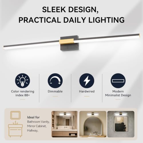 SOLFART Bathroom Lighting Fixtures Over Mirror 48 Inch: Black and Gold Dimmable Vanity Light, Built-in Dimmer, Thickened Aluminum Body, 360 Degree Rotation, ETL IP44 - color: Black Gold-6000K, 5-Step Brightness Control, size: 48 inch