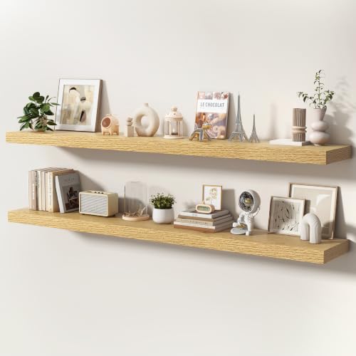 Floating Shelves for Wall, 72 Inch x 8 Inch Deep Wall Mounted Wood Shelf with Invisible Brackets for Storage & Display, Living Room Bedroom Kitchen, Oak, Set of 2 - color: Oak, size: 72 Inch, Set of 2