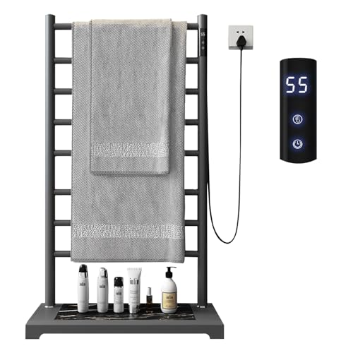 Freestanding Heated Towel Rack with Heavy Marble Base, 8-Bar Heating Towel Rack Adjustable Temperature 115-155°F with Timer and LED Display Clothes Drying Rack for Bathroom (Grey)