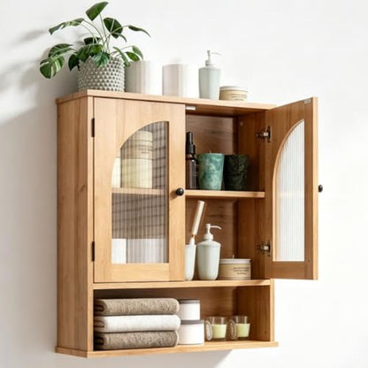 Bathroom Cabinet Wall Mounted with Tempered Glass Doors,Wooden Medicine Cabinet with Adjustable Shelf Open Shelf,Over Toilet Space Saver Storage Cupboard Natural Oak - color: Natural Oak