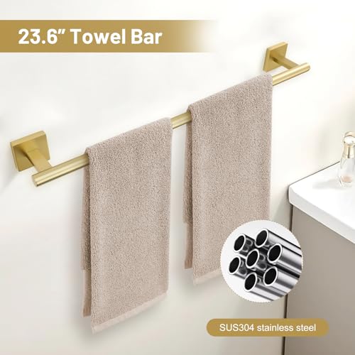 TURS 5-Pieces Brushed Gold Bathroom Hardware Set 23.6 Inch SUS304 Stainless Steel Towel Bar Set Wall Mounted Bathroom Accessories Set - color: Brushed Gold, size: 5-Pieces Set-B